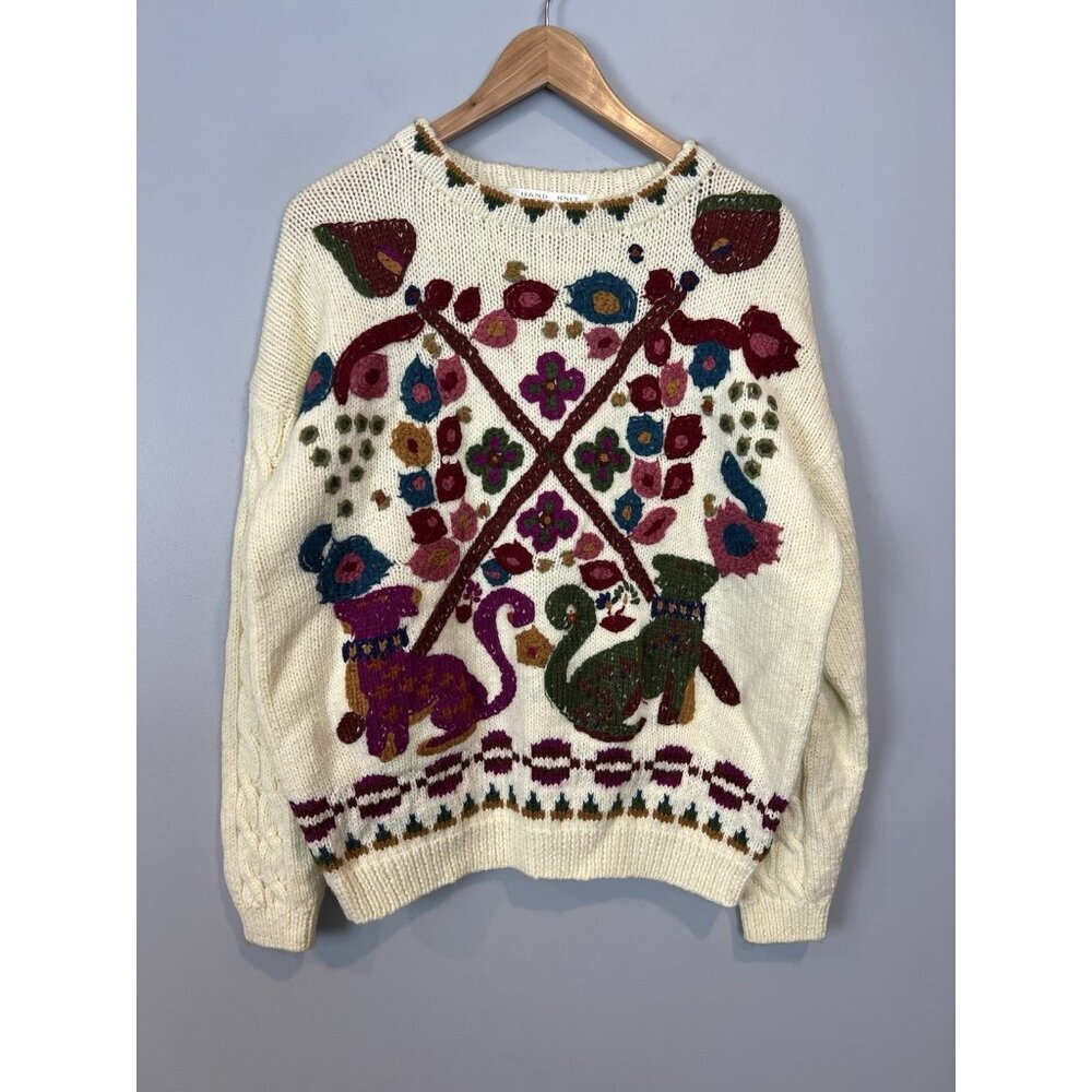I.V.Y Hand Knit Sweater Womens Size Medium‎ Cats and Floral Cream Vtg